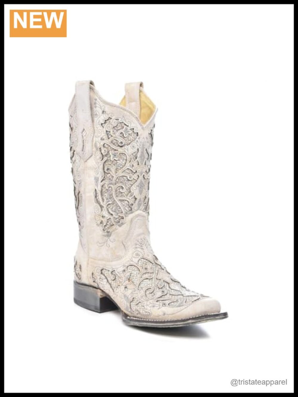 Genuine Leather Western Boots, Embroidered Floral Pattern, Square Toe, 11.5"